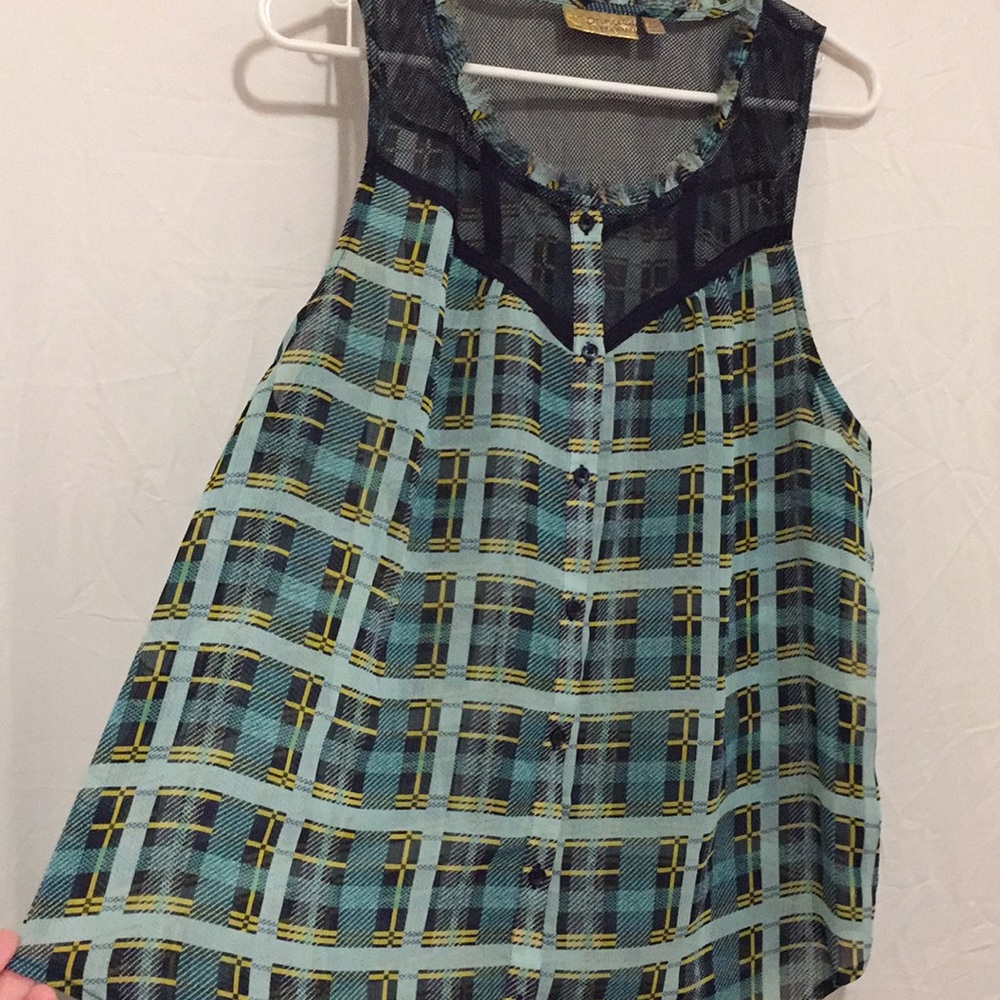 princess vera wang Teal Plaid Sleeveless Blouse with Black Trim